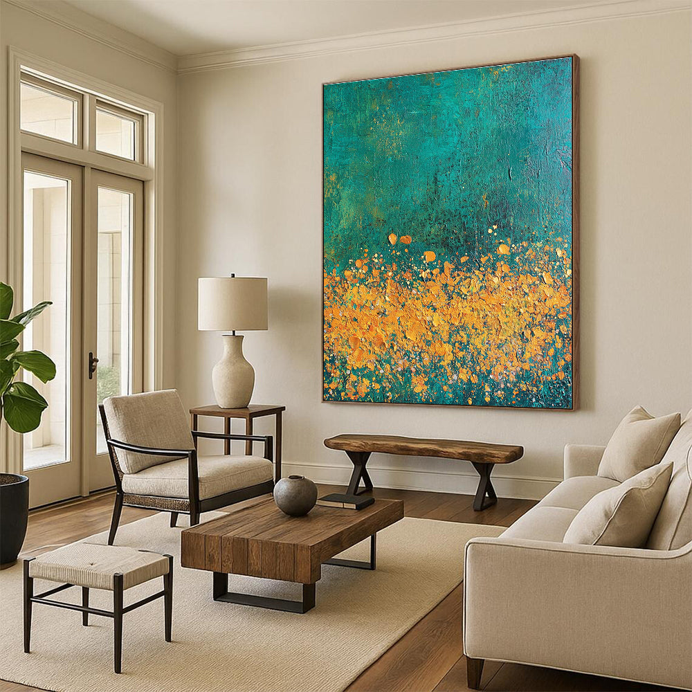 Abstract painting featuring textured strokes in teal gold and orange with a vibrant flower cluster against a dark green backdrop.STSC1110