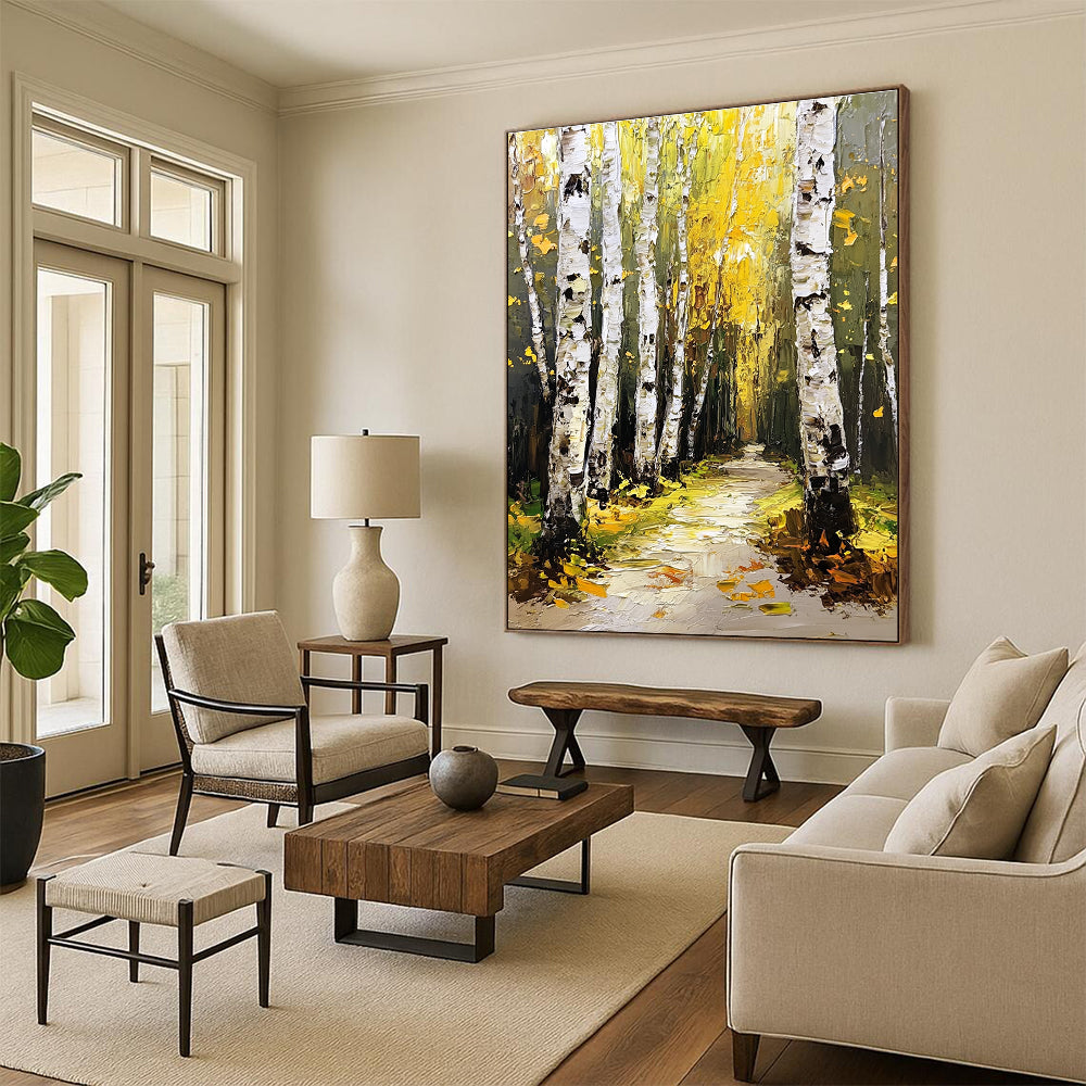 Abstract painting of a birch forest with green and yellow leaves thick white bark trees and a path illuminated by light.STSC1272