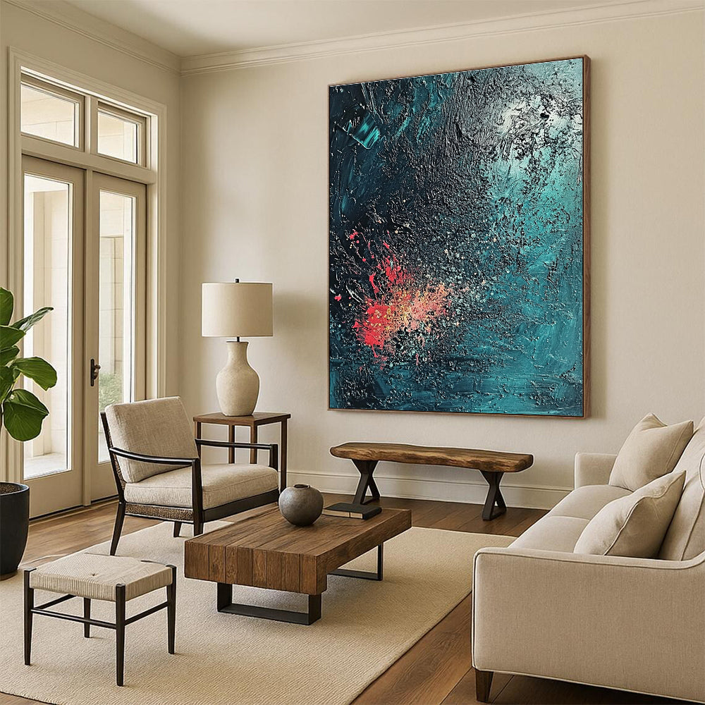 Large Abstract Painting with a Textured Surface in Dark Blue and Emerald Green evoking a Mysterious Deep Sea Atmosphere with Coral Reef Hints.STSC734