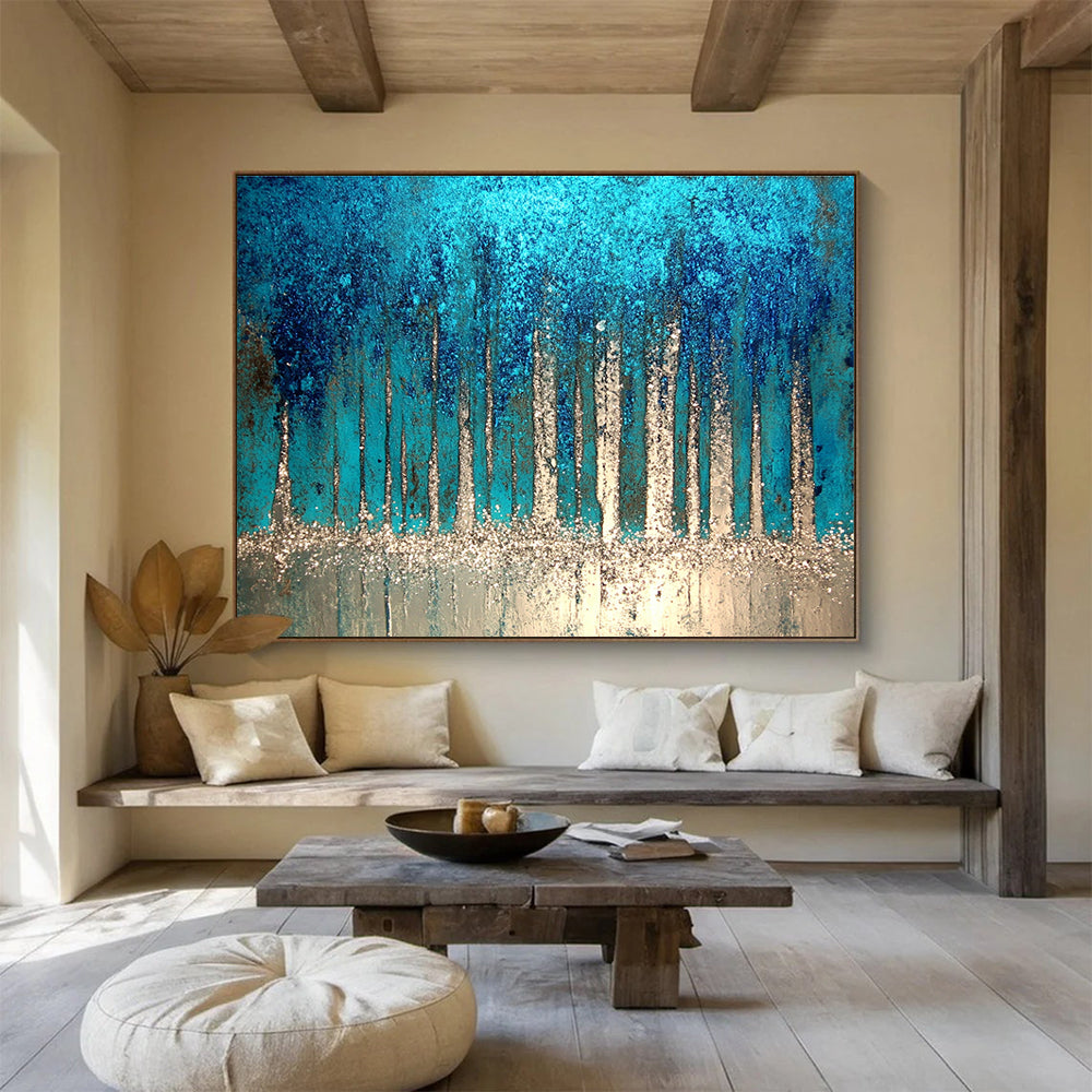 Sparkling Forest Abstract Painting with Blue and Silver DYP504