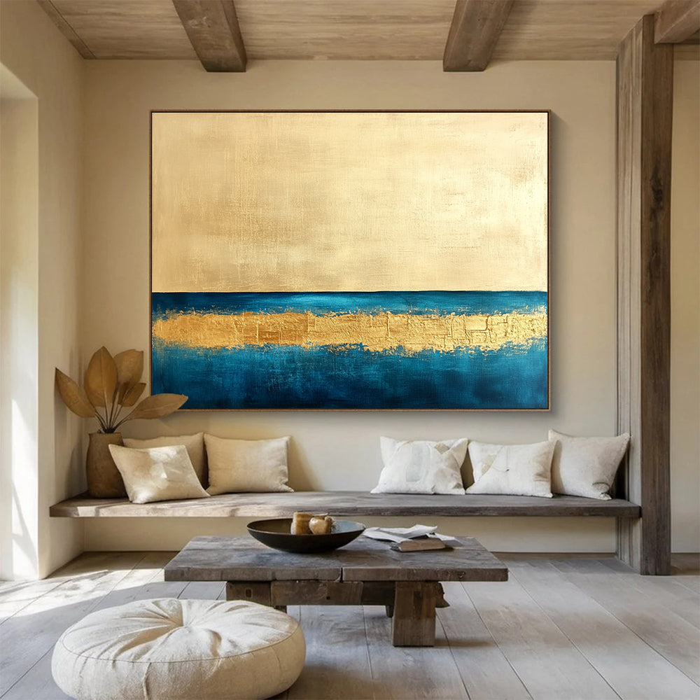 Gold and Blue Minimalist Abstract Painting with Textured Gold Band DYP314