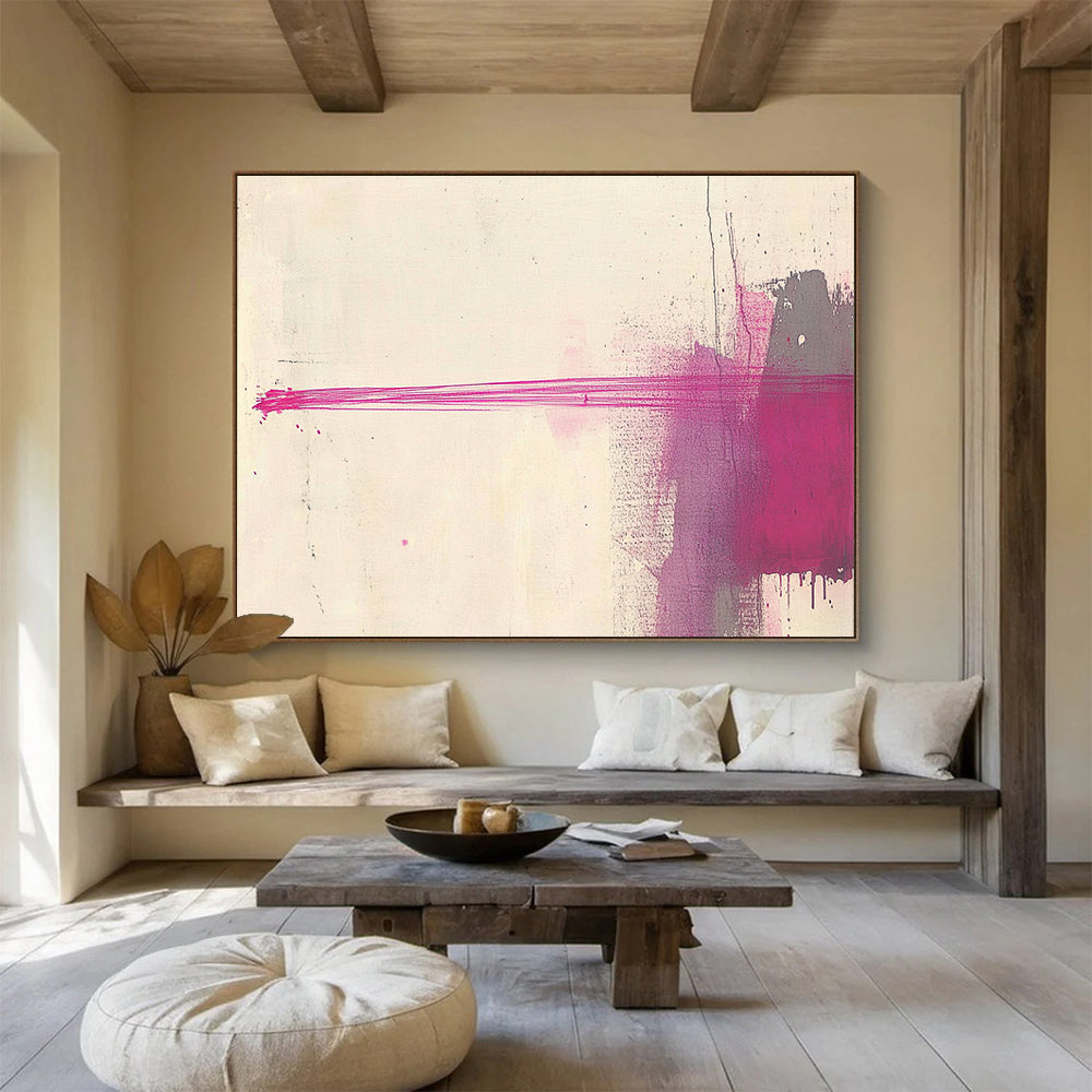 A large abstract painting featuring an elongated red line against a light beige background, creating elegance through simplicity and depth in minimalistic design.SC550