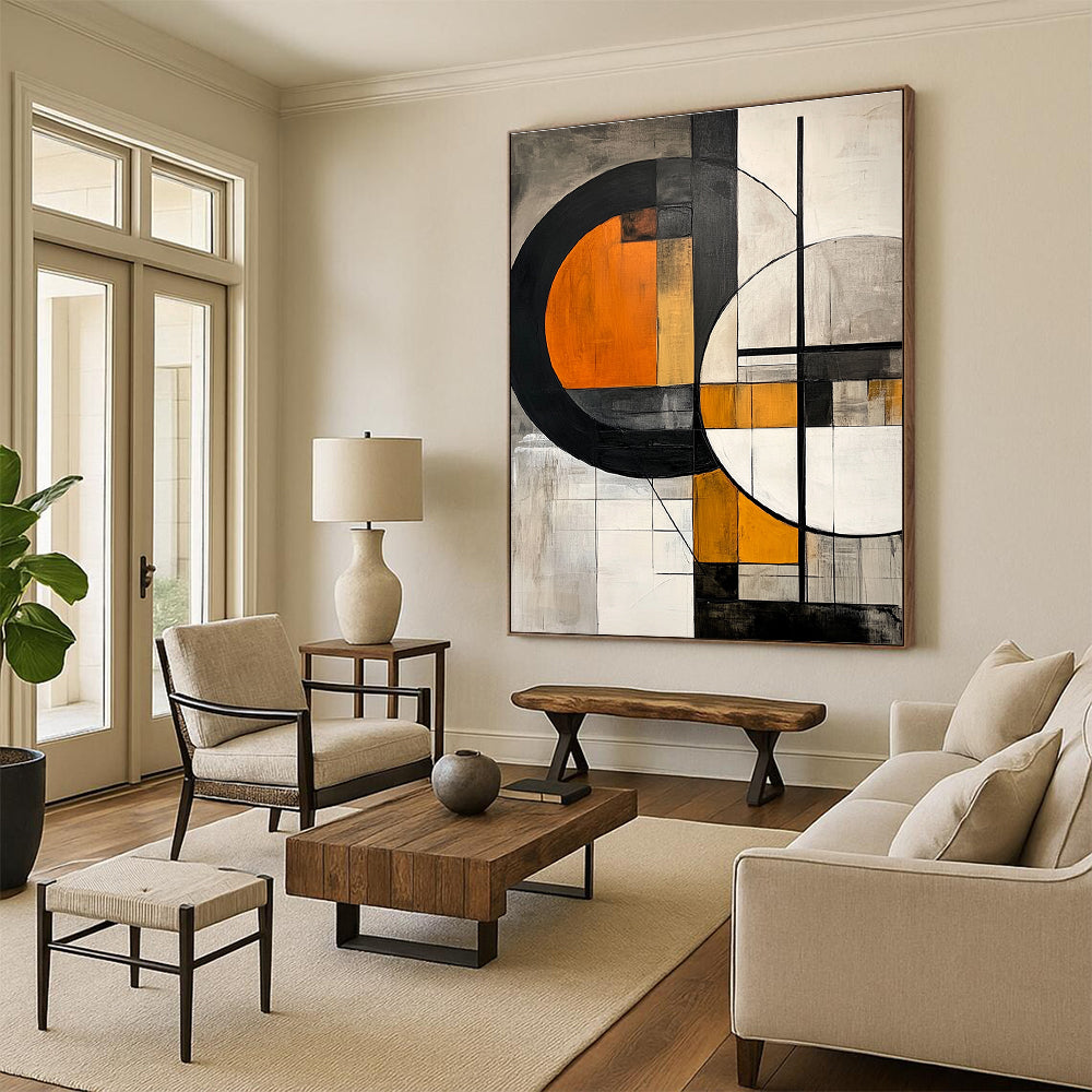 Large abstract painting featuring geometric shapes with orange interiors on a grey background accented by black lines and grey white elements.STSC222