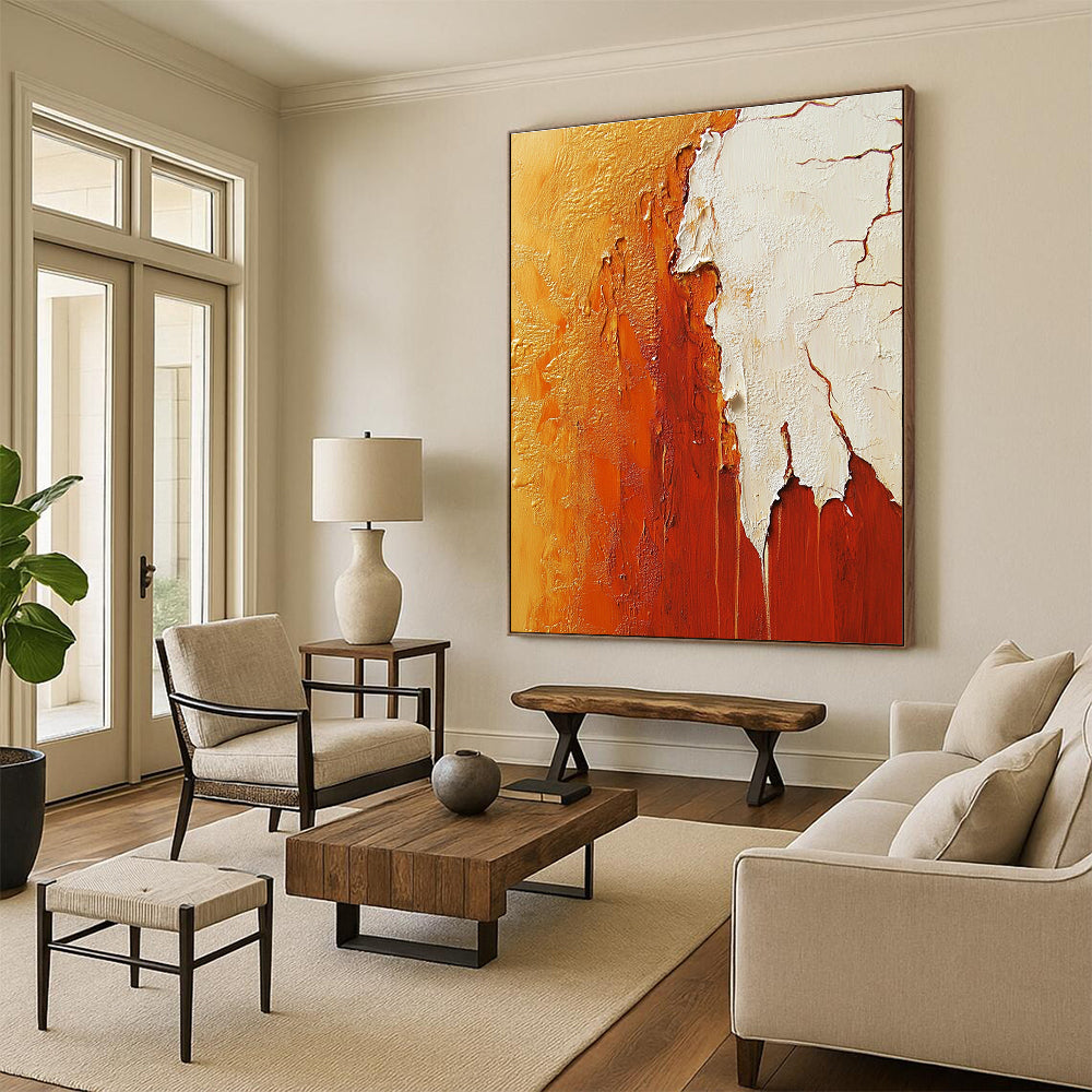 Large abstract painting featuring a red rock canyon in vibrant orange and white hues, showcasing intricate details and texture.STSC490