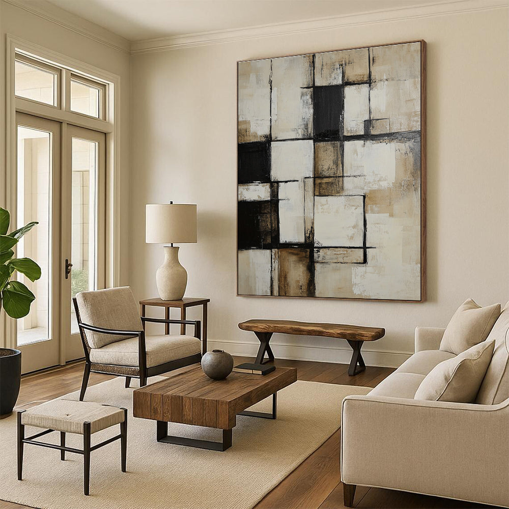 Large abstract painting of textured white and beige squares featuring black accents in a deconstructed minimalist style inspired by Peter Coller.STSC716