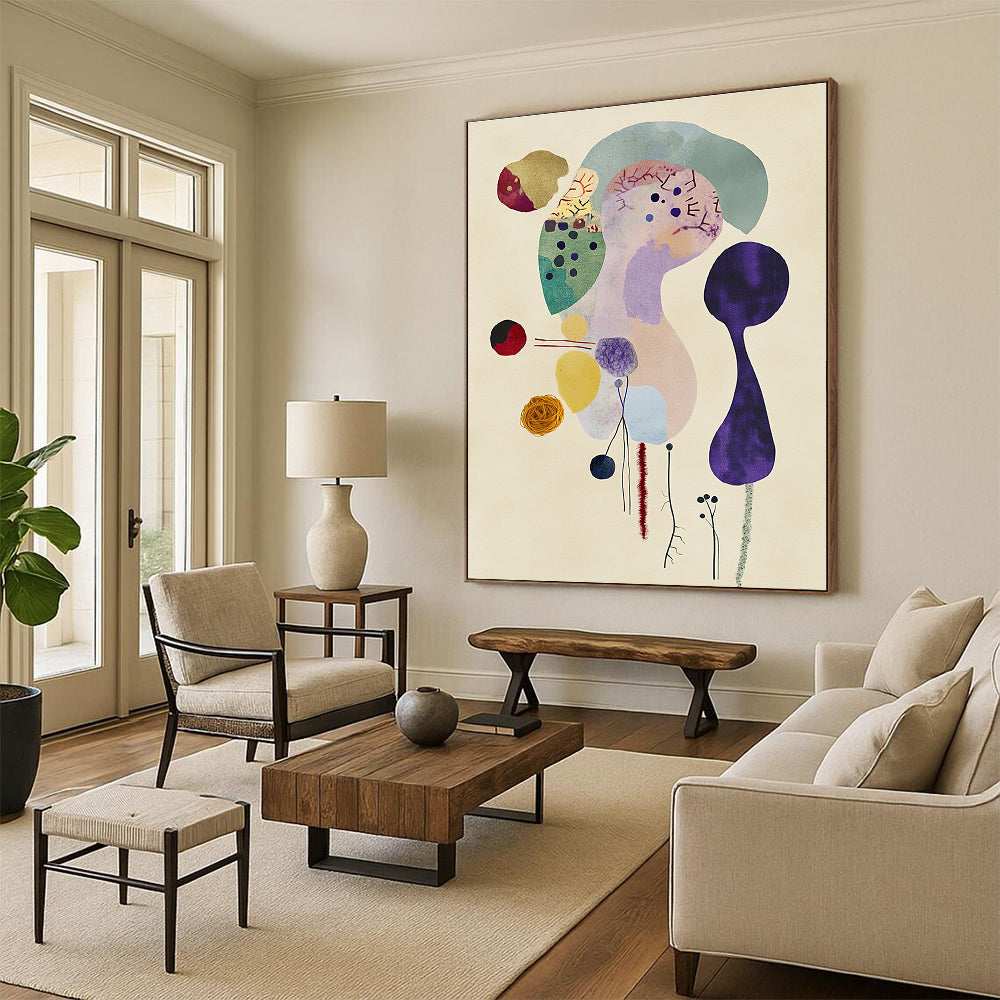 Large abstract fabric figure surrounded by soft pastels doodles wool yarns and watercolor washes on textured paper minimalist style in Matisse inspiration.STSC1351