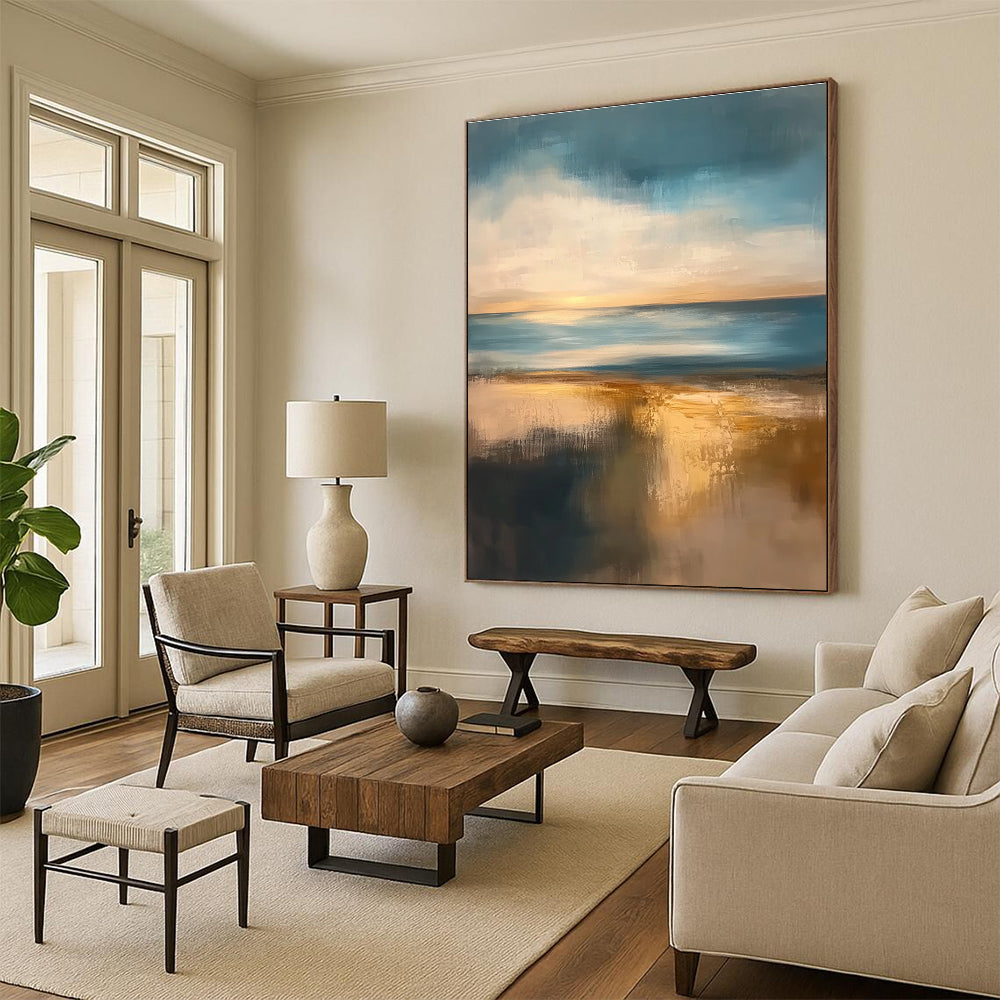 Large abstract painting featuring muted colors at golden hour with soft edges and tranquil sea reflections creating a serene atmosphere.STSC076