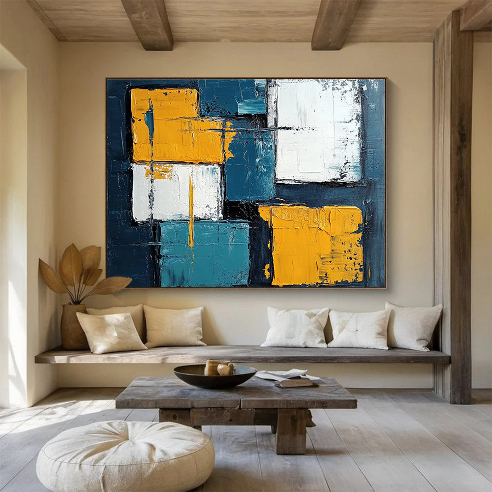 Geometric Abstract Painting with Blue Yellow and White Blocks DYP281