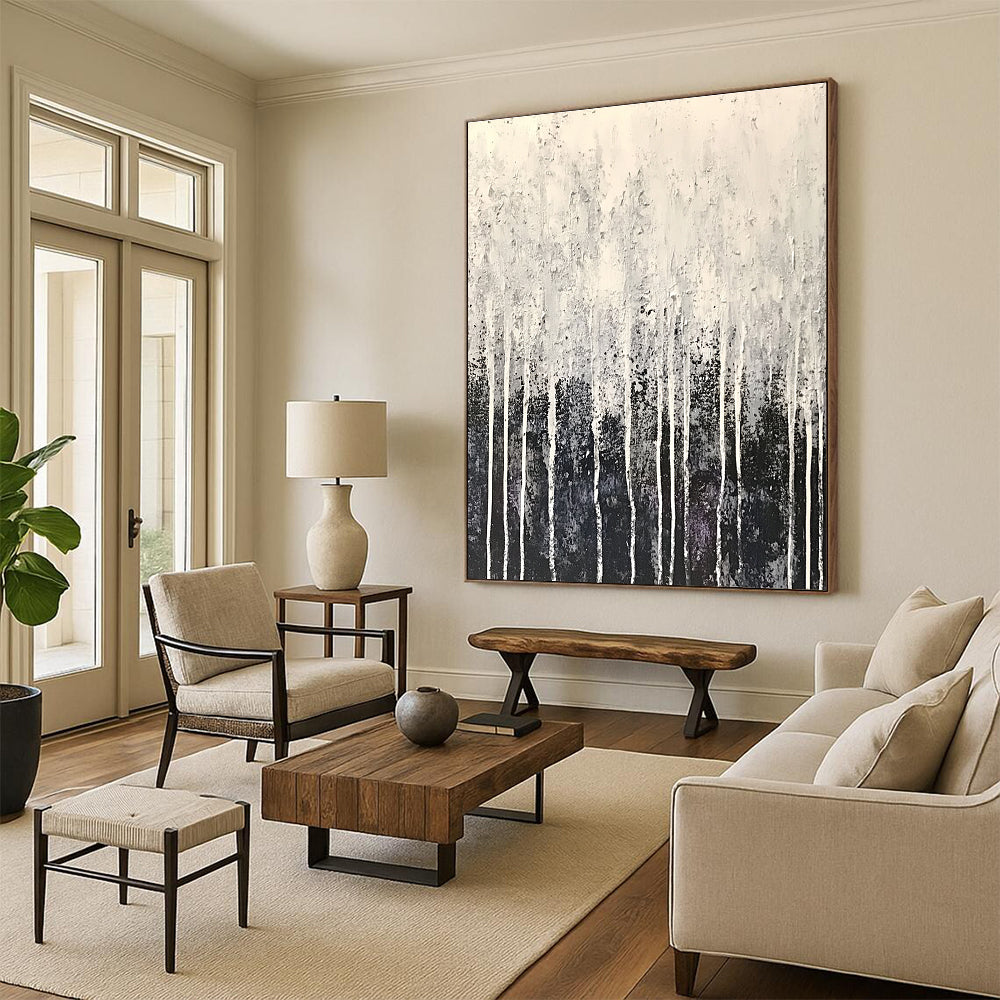 Large abstract painting in white and gray with drip effects and fine droplets resembling frost creating a serene winter atmosphere.STSC360