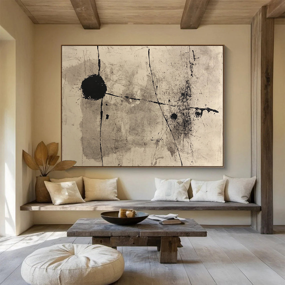 Large abstract painting with black ink, lines and shapes inspired by John Rolf Bauer, featuring neutral tones on paper.SC093