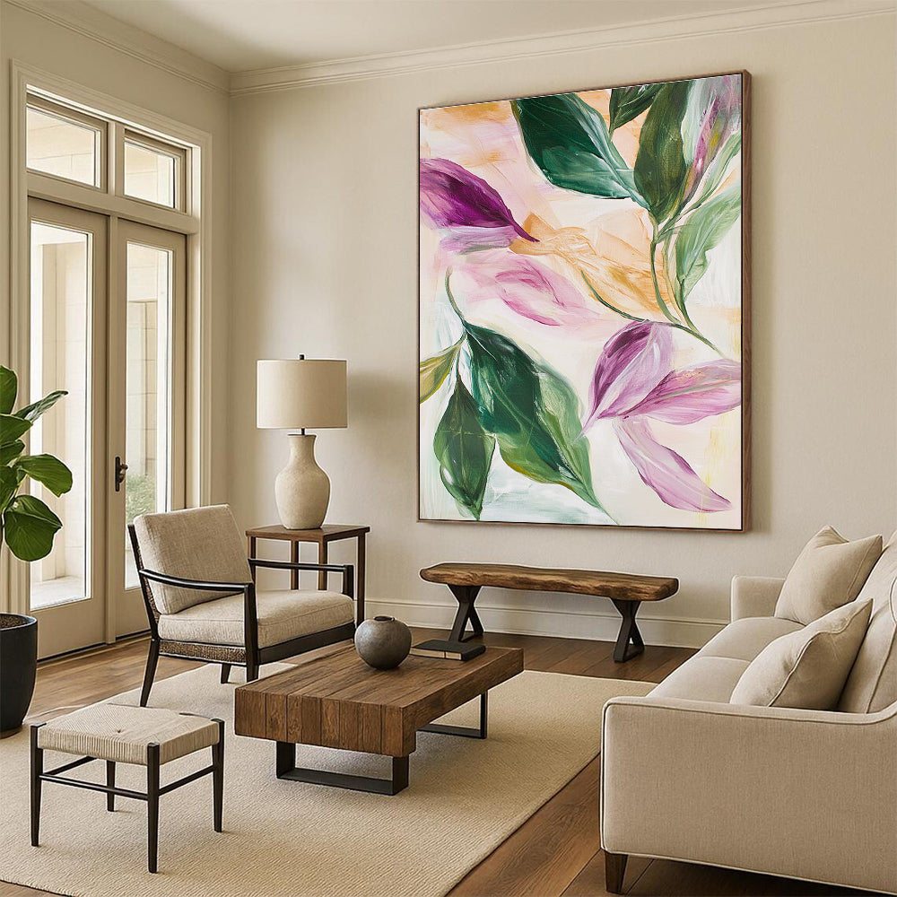 Abstract oil painting featuring leaves and flowers in pink green white beige and light gold with hints of purple and peach colors.STSC595