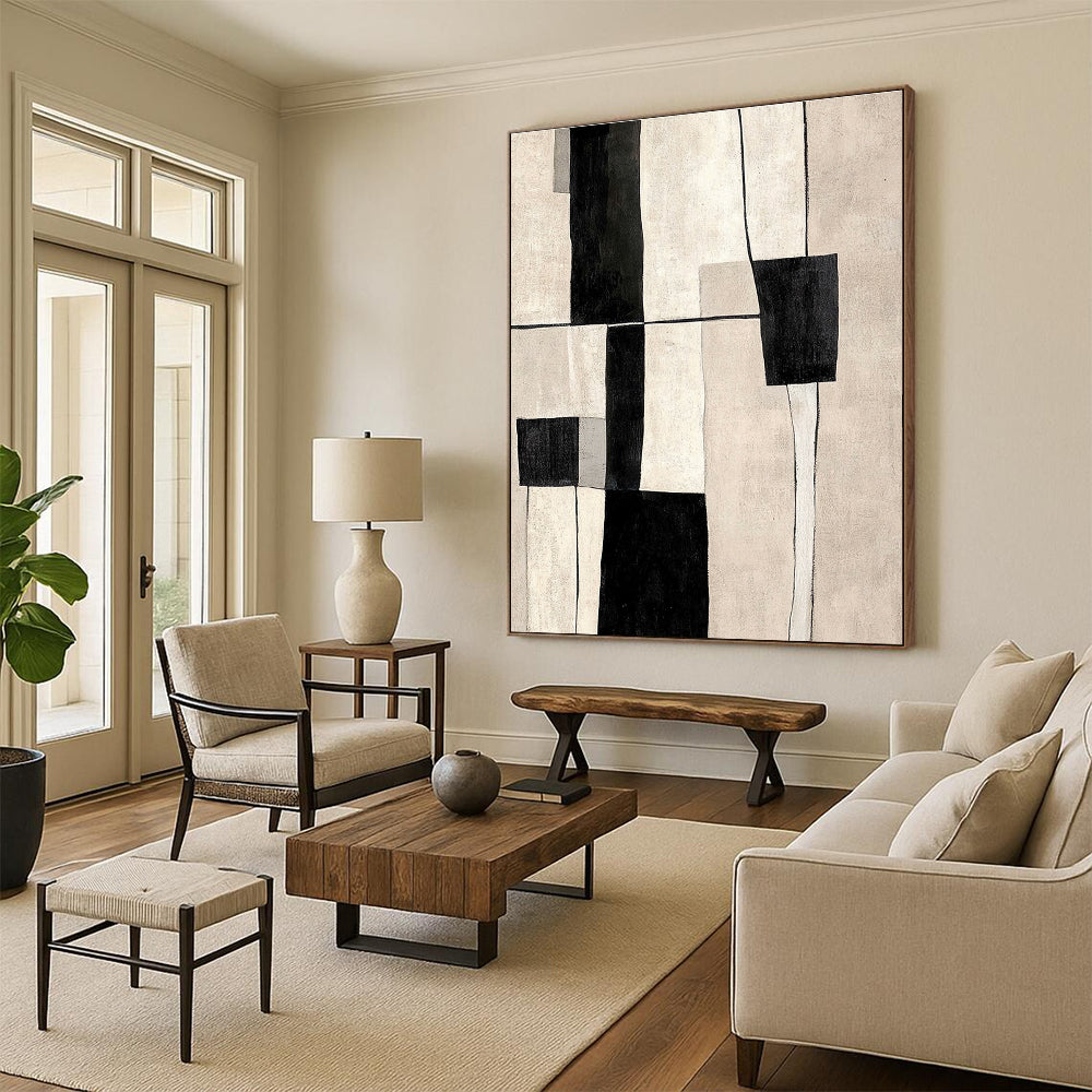 Black White Geometric Blocks Abstract Painting GER862