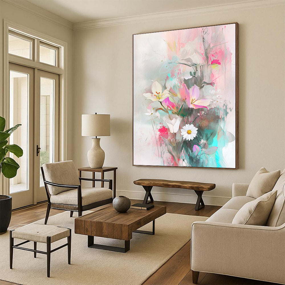 A large abstract painting featuring ethereal floral arrangements in soft pastels with a delicate bird figurine symbolizing harmony in nature.STSC857