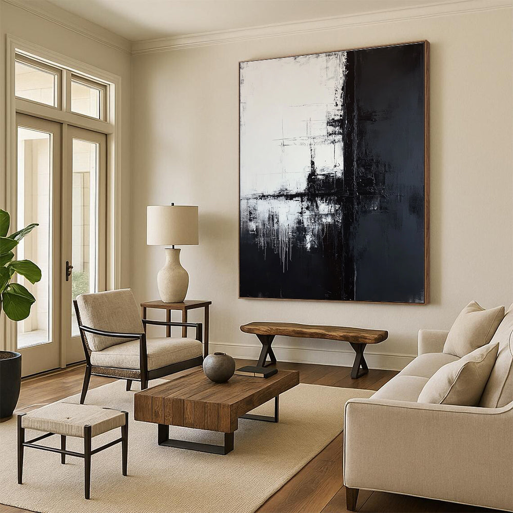 Large abstract painting featuring a tall black telephone pole against a dark gray and white background with textured brushstrokes and a minimalist composition.STSC372