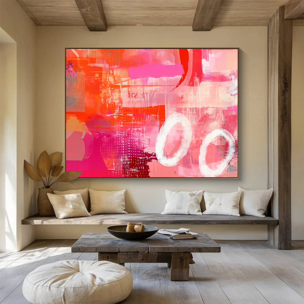 Pink and Orange Dominated Abstract Painting with White Circles DYP133
