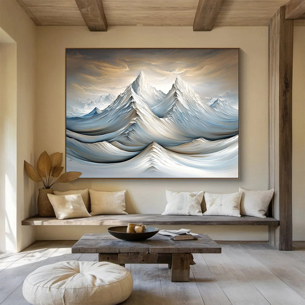 A large abstract painting featuring snowy mountains and rivers with soft lighting and delicate brushstrokes in a surreal gray and brown atmosphere.SC612