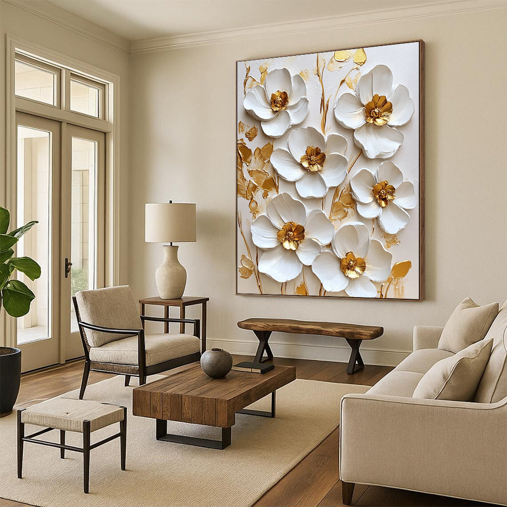 Large abstract painting featuring white flowers with golden accents on a white background in a square format.STSC1481