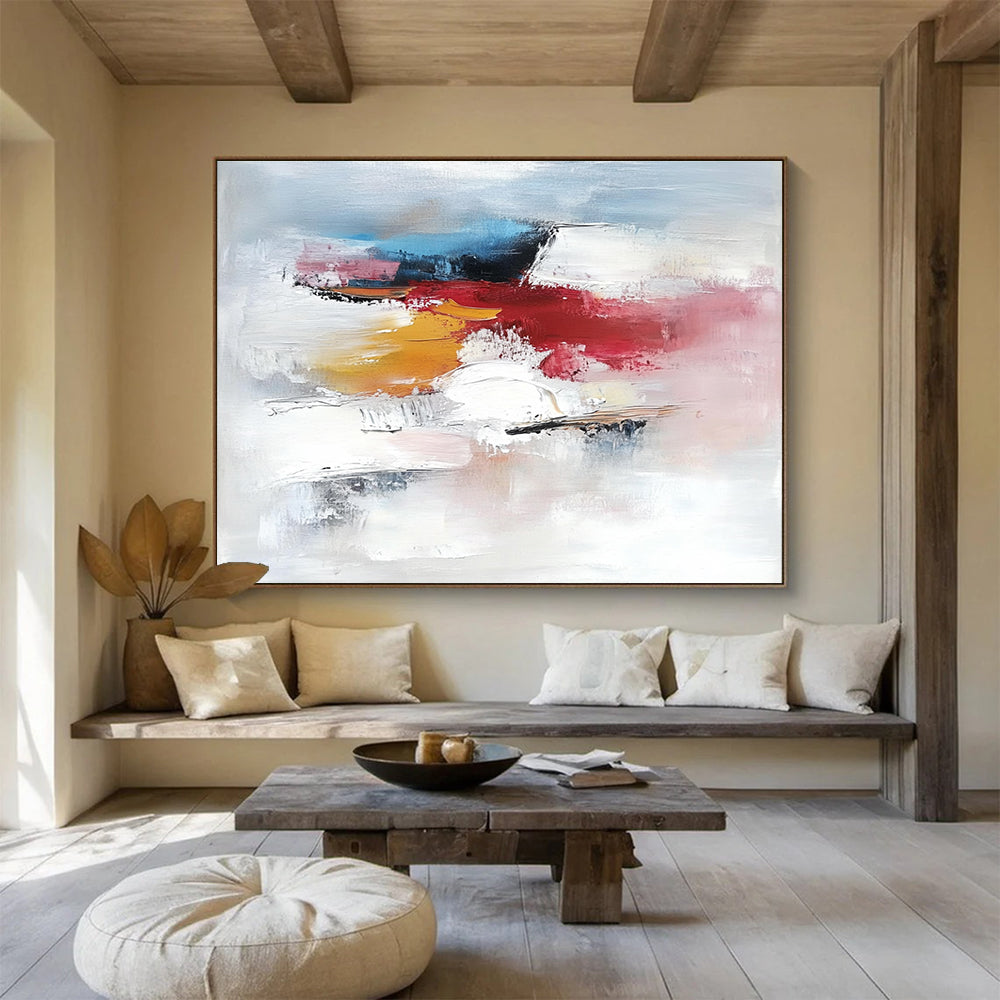 Large abstract painting featuring a serene ice landscape with white light blue hints of red and pink soft brush strokes and textured details.SC157