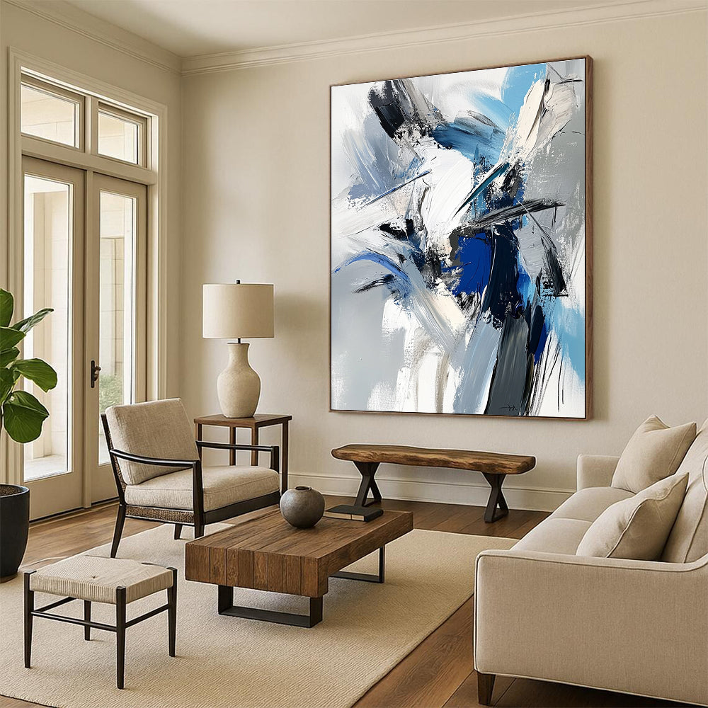 Large abstract painting featuring a dynamic human figure in white blue and gray with textured brushstrokes and a dark mood.STSC717