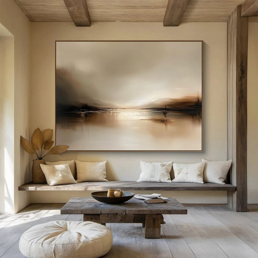 Abstract landscape painting in muted browns and beiges, featuring a tranquil water scene with soft reflections, creating a minimalist and serene atmosphere.SC071