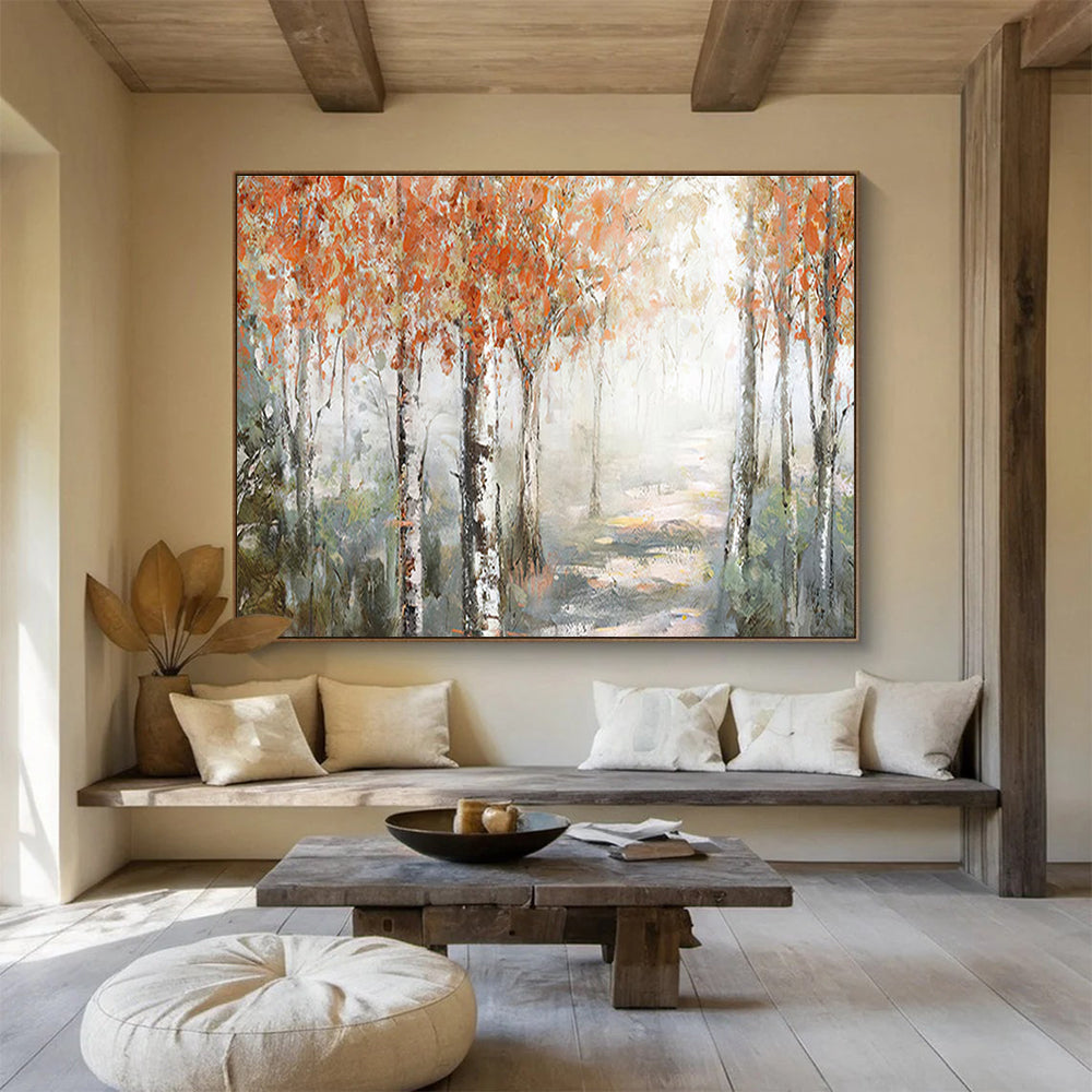 Autumn Birch Forest Path Abstract Painting with Orange, Grey, and Green Tones THY222