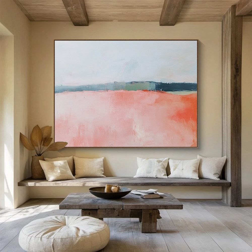 Large abstract painting featuring soft pink and coral fields, a muted sky, and gentle blue, green, and gray brushstrokes.SC055