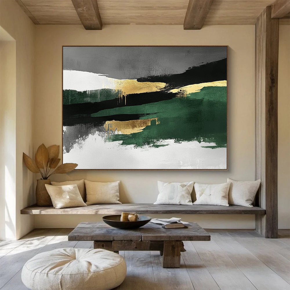 Green Gold and Gray Abstract Landscape Painting with Bold Brushstrokes DYP211