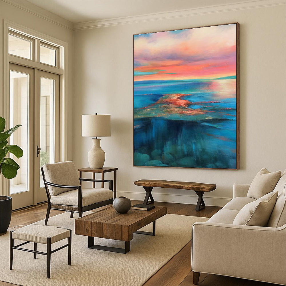 Pink and Blue Sunset Sea Abstract Painting for Relaxing Corners ADGE051