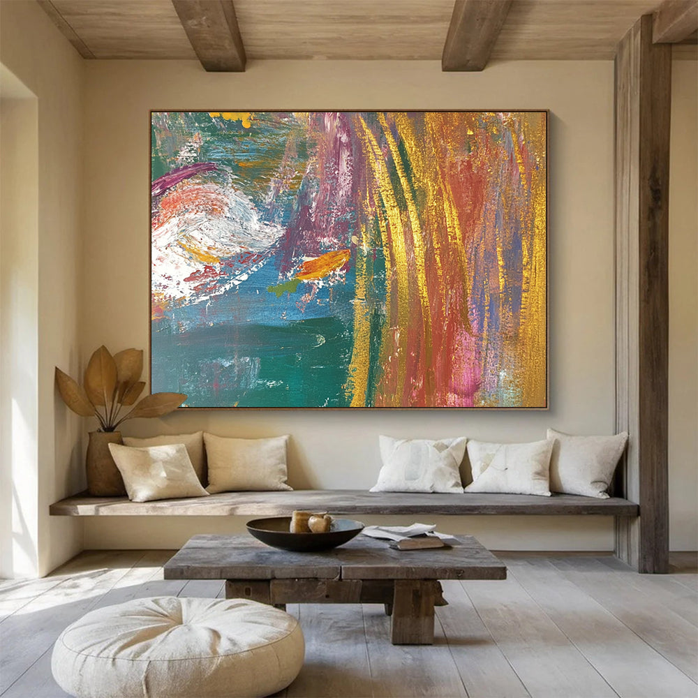 Large abstract painting with layered textures and vibrant colors featuring two fish in motion within a dynamic background.SC442