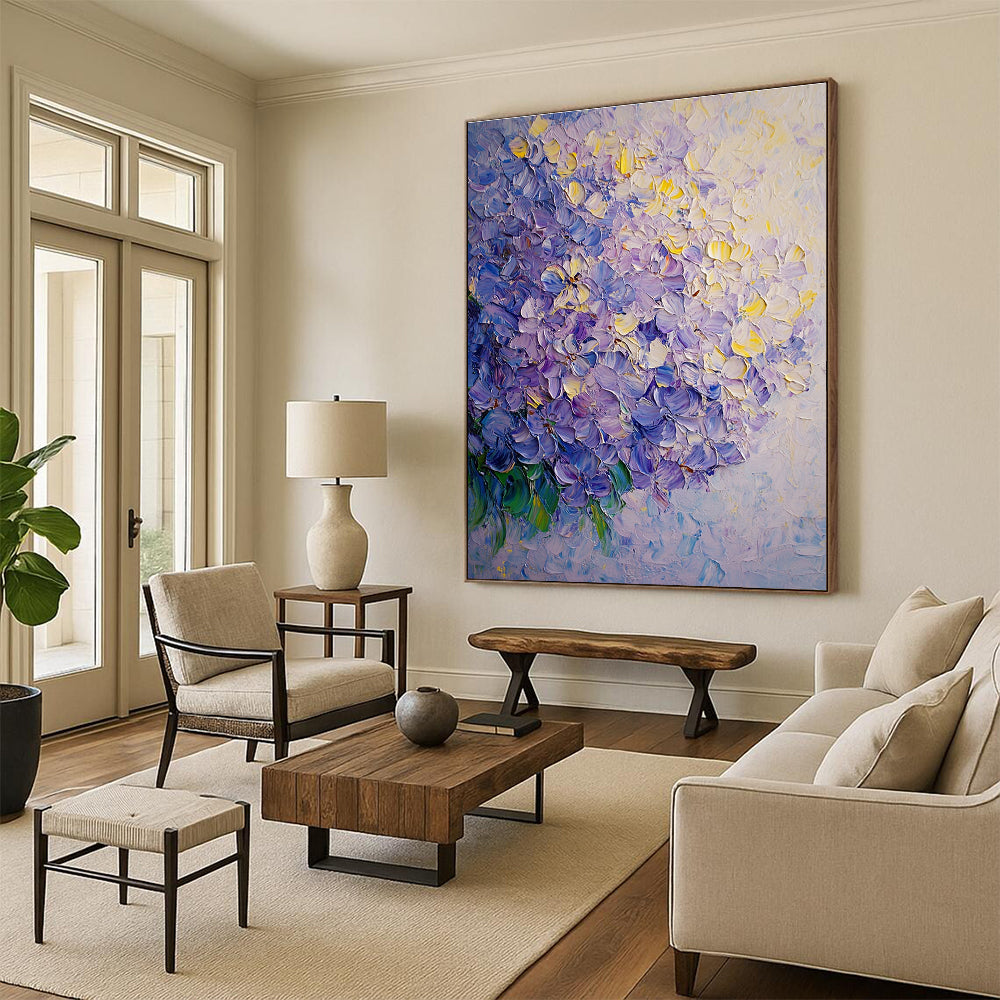 A large abstract oil painting of lilac flowers featuring soft shadows and smooth textures in light yellow and purple tones.STSC1027