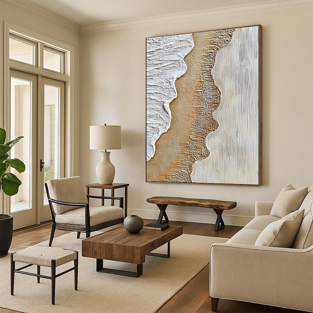 Abstract painting depicting textured sand and crashing waves with warm browns and cool grays for a striking artistic expression.STSC947