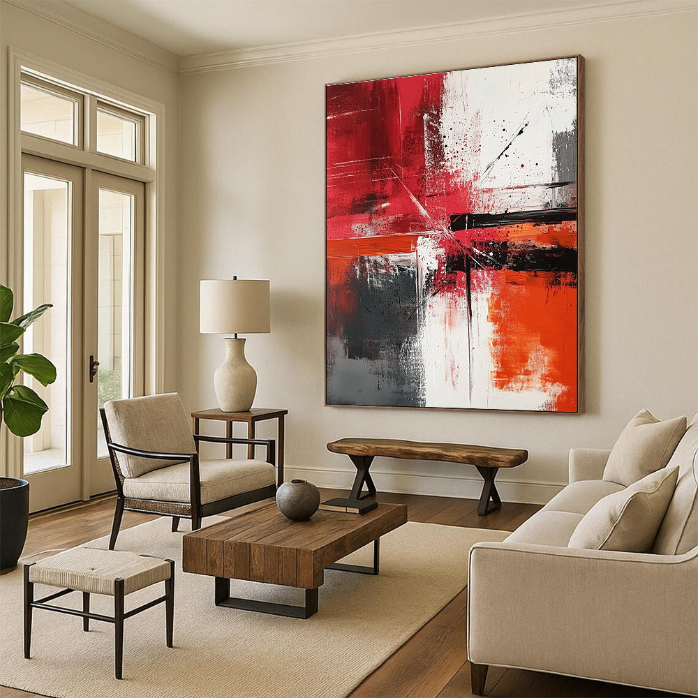 Large abstract painting featuring dynamic brush strokes and color splashes in reds whites and greys creating a sense of movement and harmony.STSC1357