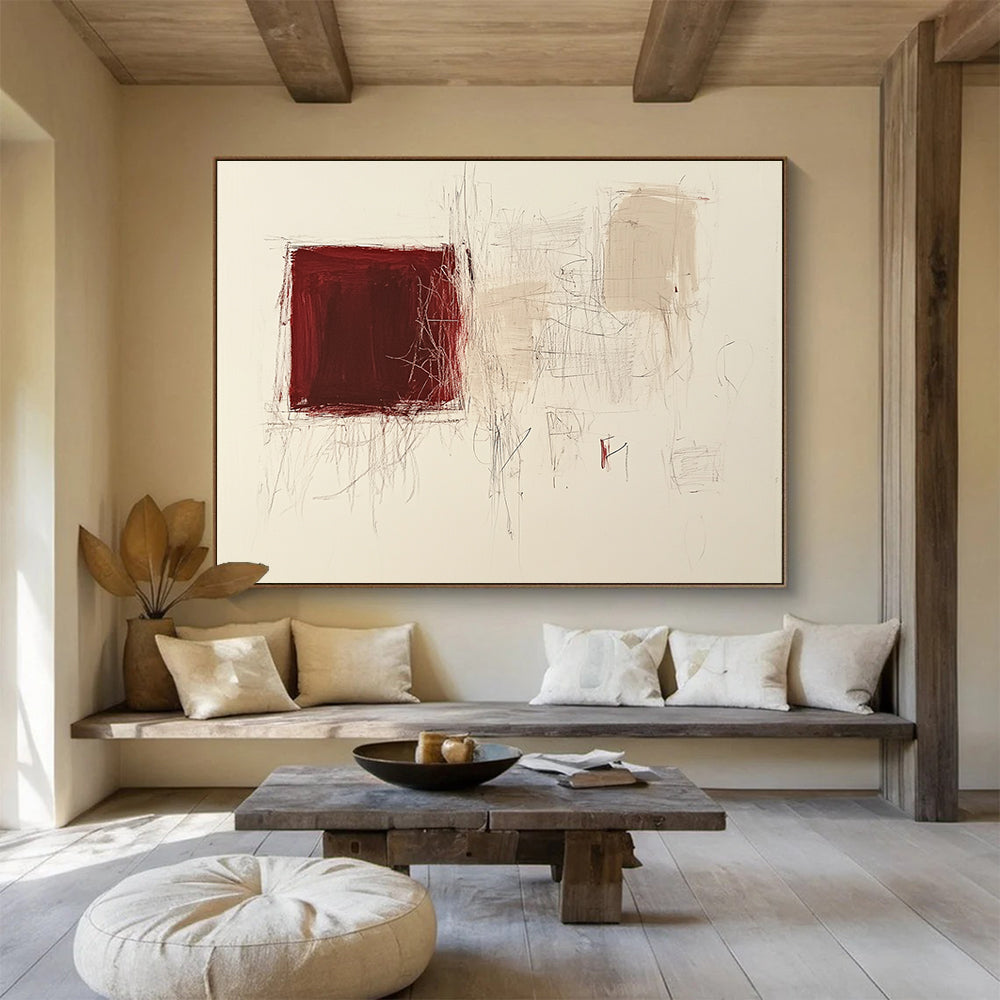 Large abstract painting featuring a dark red square and light beige scribbles on white paper with small doodle shapes.SC552