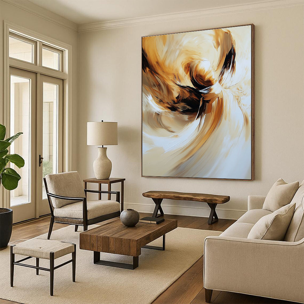 Large abstract painting of an angel featuring swirling brush strokes in warm beige and brown tones for a captivating aesthetic.STSC634