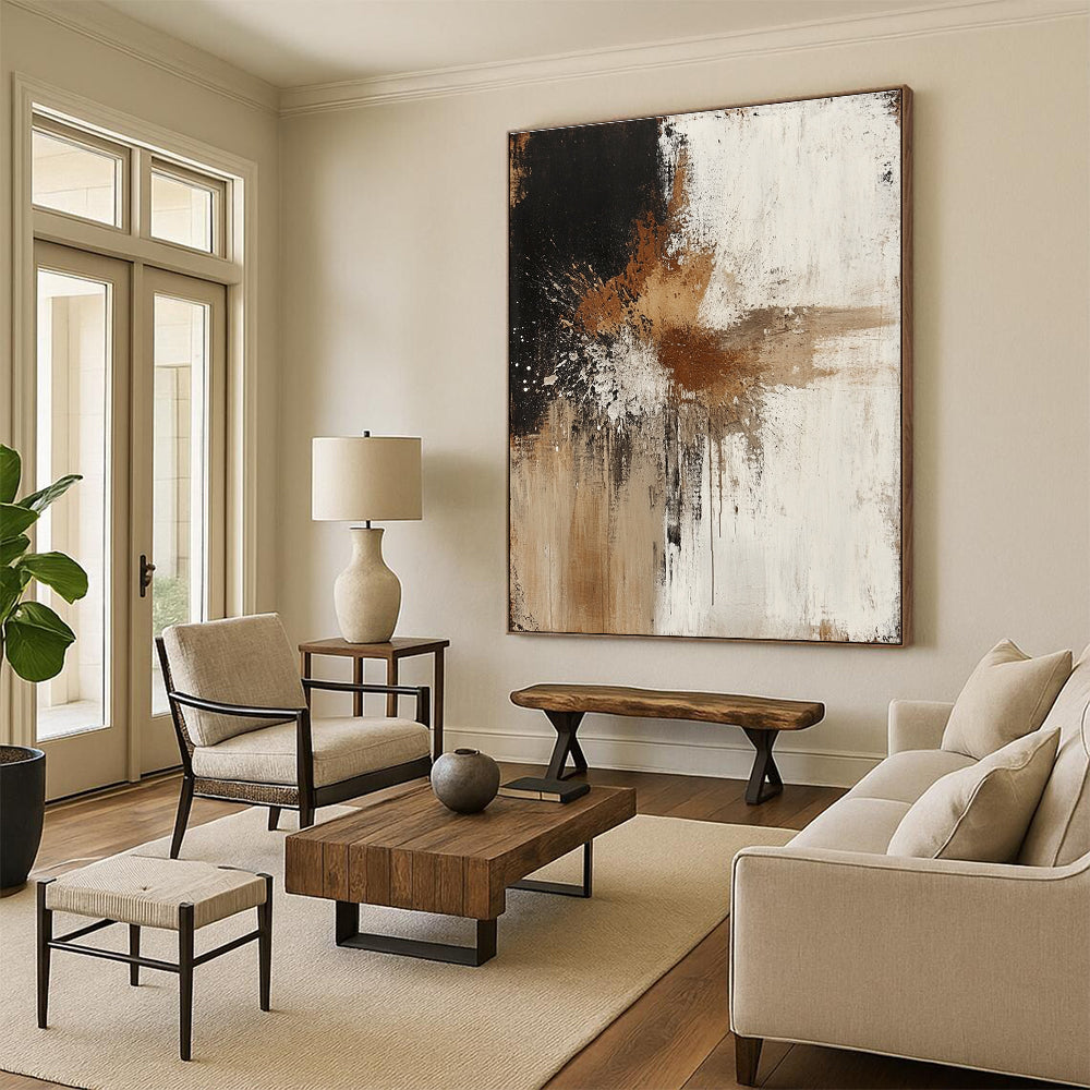 Black Brown White Abstract Painting with Splatter Effects GER773