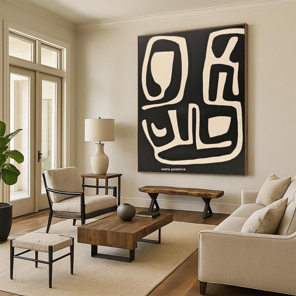 Large abstract painting featuring thick brush strokes and bold white text on a vibrant background ideal for modern decor.STSC1211