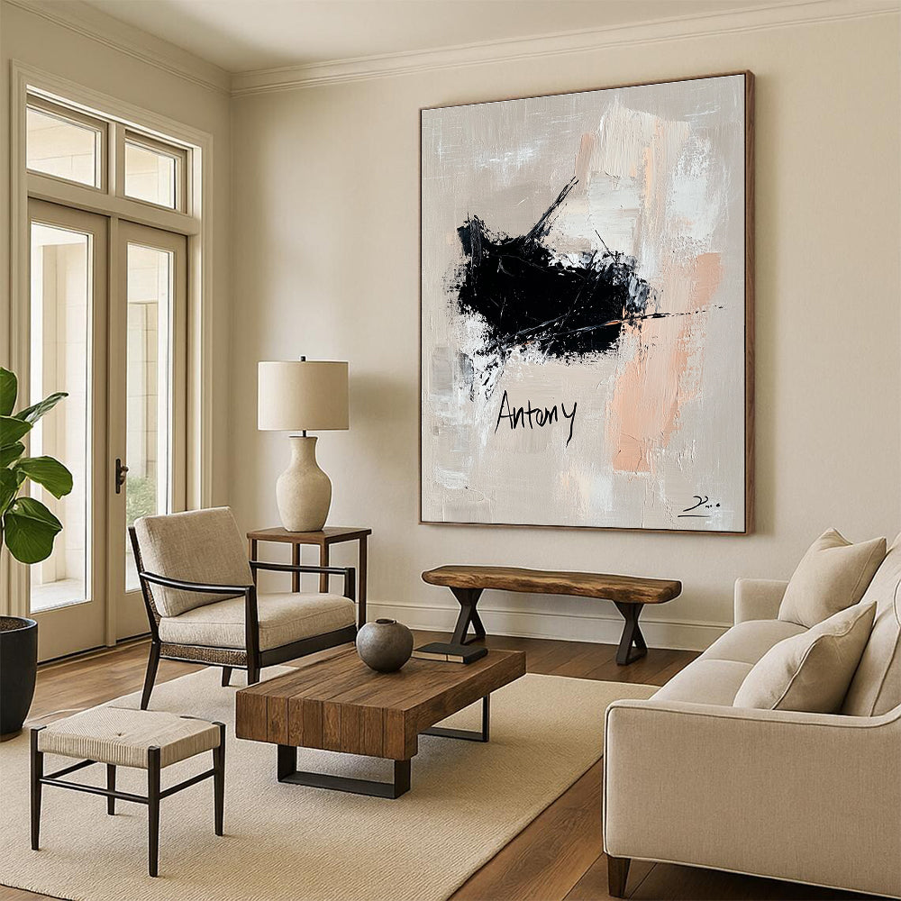 Large abstract oil painting features a black and white impasto cat with neutral tone text on a soft gray background, exuding modern elegance.STSC1088