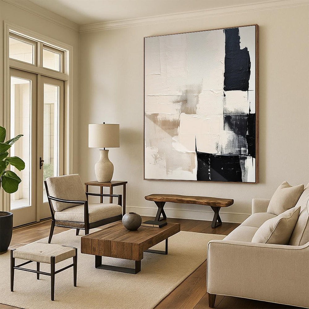 Beige and Black Textured Abstract Painting for Warm Interiors ADGE056