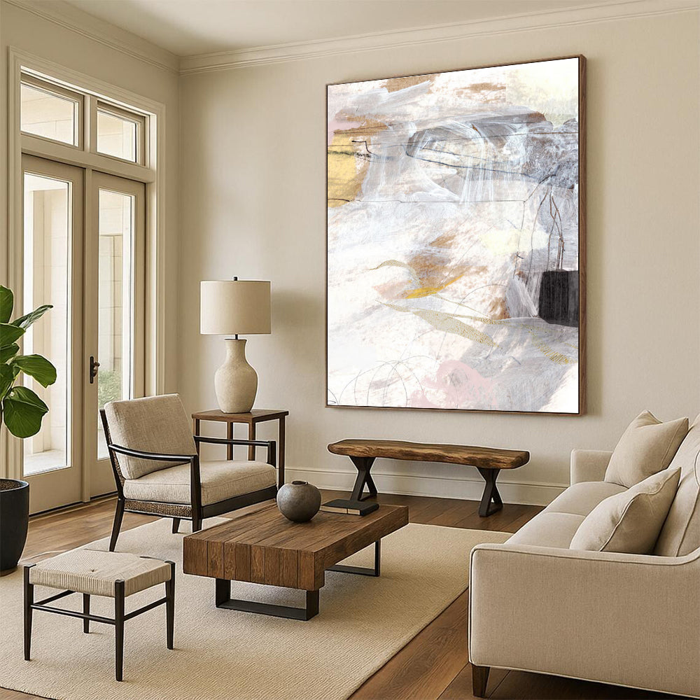 Mixed - media Abstract with Pastel Tones and Linear Elements Painting ADGE212