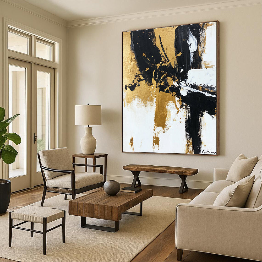Large abstract painting of Autumn in black white and gold featuring loose brushstrokes and textured layers for elegant depth and simplicity.STSC1066
