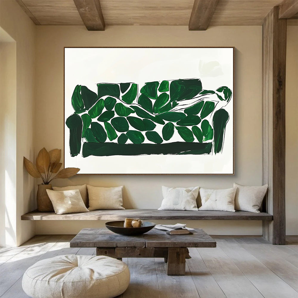 Green and White Abstract Painting of a Leaf - Covered Sofa DYP142