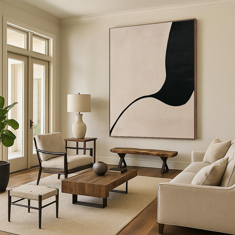 A large abstract painting featuring minimalist Japandi art with body curves in black line drawing on a soothing beige background.STSC1341