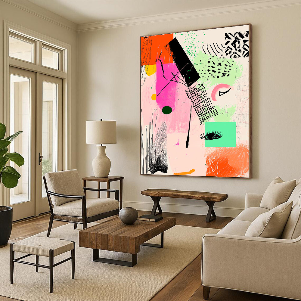 Large abstract artwork featuring pink and green shapes with geometric line art and black ink illustrations on a warm light orange background.STSC982
