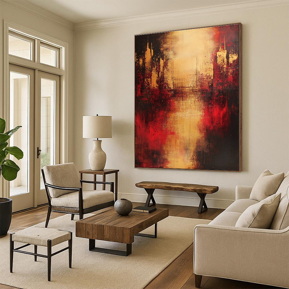 Large abstract painting in red and gold on a dark background with blurred buildings smoke rising and emotional expression of life's pain.STSC444