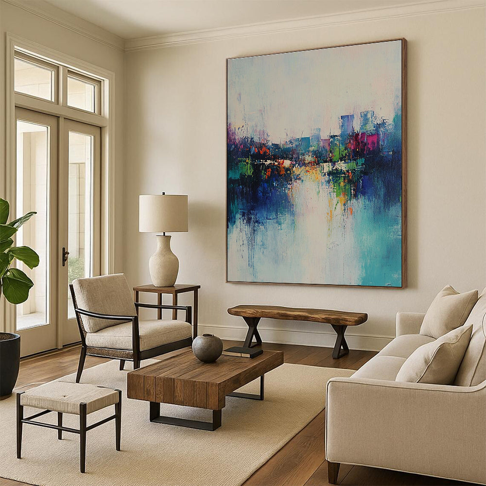 Large abstract painting featuring a serene misty landscape with green-blue hues and reflections of city lights in textured layers.STSC562
