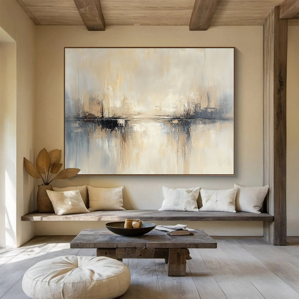 Large abstract painting featuring beige and grey tones soft edges and blurry water reflections against a neutral background.SC227