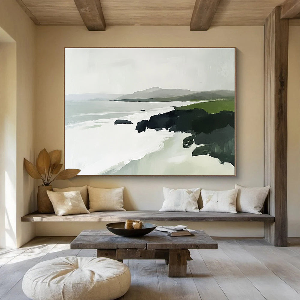 Abstract painting of the Irish coast featuring green rocks white waves and distant mountains in a minimalist style with soft edges and natural lighting.SC160