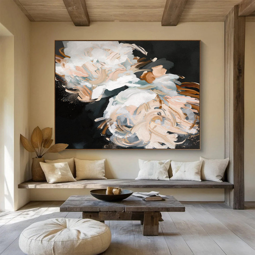 White Flower Abstract Painting with Elegant, Monochromatic Grace THY407