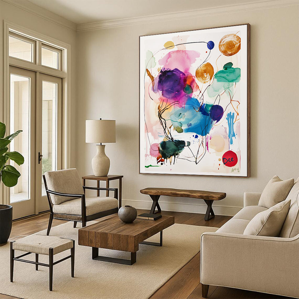 A large abstract watercolor painting featuring a central animal surrounded by colorful ink washes in purple, pink, blue, green, and yellow.STSC1046