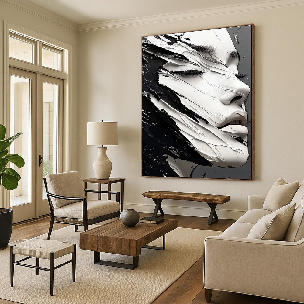 A large abstract painting featuring an elegant hyperrealistic black and white face showcasing intricate details and striking contrasts.STSC989